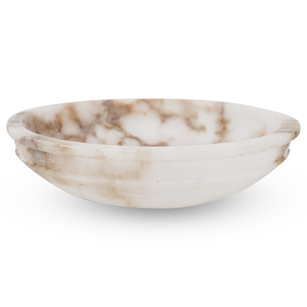 Italian Alabaster Chandelier Shade: DESCRIPTION: Vintage chandelier shade carved from alabaster featuring eye-catching veins and an indentation below the lip. CIRCA: 20th Century ORIGIN: Italy DIMENSIONS: H: 4.75" D: 16.25" CONDITION: R