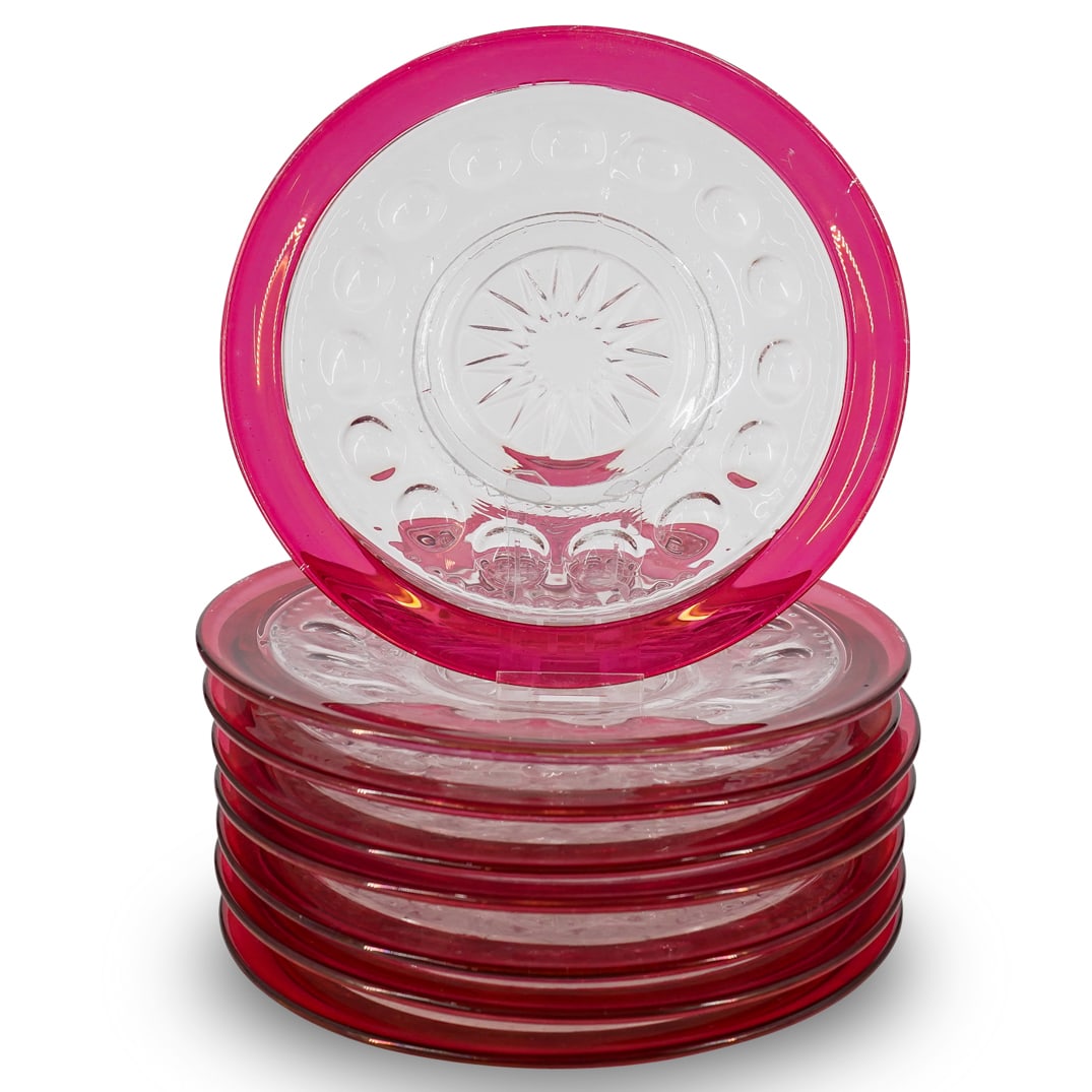( Pc) Czech Bohemian Cranberry Cut to Clear Glass Plates Set (1 of 7)