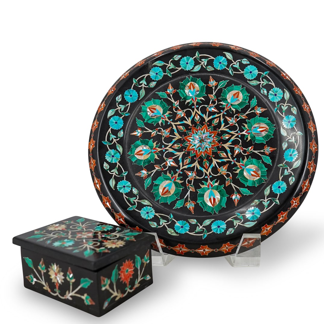 (2 Pc) Italian Pietra Dura Art Handmade Stone Lidded Box & Plate Set. (1 of 16)