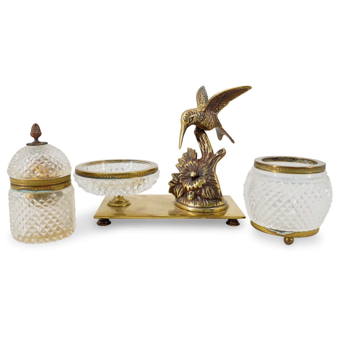 (3 Pc) Vintage Cut Glass Brass Hummingbird Desk Set (1 of 20)