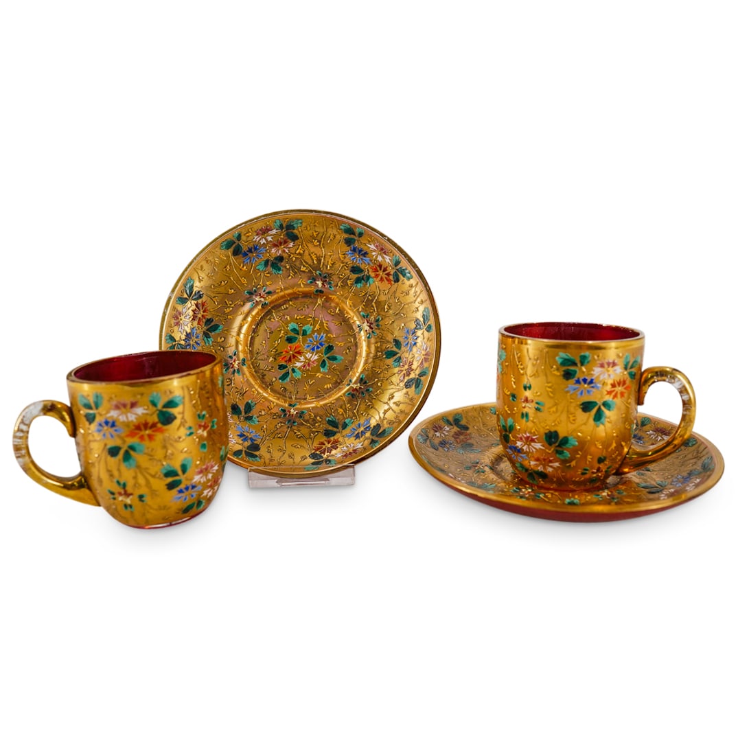 (4 Pc) Bohemian Gilt Enameled Art Glass Demitasse Coffee Cups & Saucers Set (1 of 15)