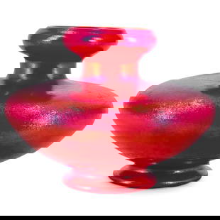 Tiffany Studios Red Favrile Glass Vase: DESCRIPTION: Tiffany Studios red Favrile glass vase. Marked on underside with "1598 J L.C. Tiffany Favrile". Includes a display case. CIRCA: Early 20th century ORIGIN: American DIMENSIONS: (Vase) H: