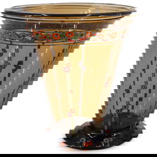 Ex-Christies Daum Nancy Art Glass Vase: DESCRIPTION: Ex-Christies Daum Nancy art glass vase, in caramel translucent glass, with hand painted motif in orange, red and green hues. Marked with Daum Nancy with the cross of Lorraine hallmark on