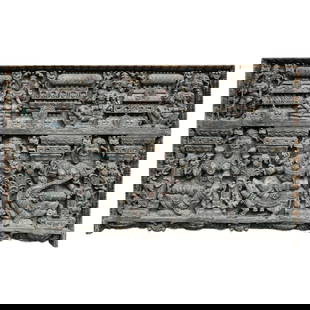 Large 19th Century Burmese Carved Wood Hindu Pantheon Frieze: DESCRIPTION: Antique polychrome carved frieze featuring two rows of high relief icons of various Hindu deities - four smaller along the top (Brahma, Vishnu, Shiva, and Indra) and three larger along