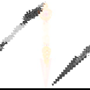 Antique Tibetan Gilt Bronze, Turquoise, Coral, And Rock Crystal Phurba: DESCRIPTION: Antique Tibetan phurba/kila - a ritual object symbolic of Vajrakilaya, a meditational deity - crafted from an iron, three-sided spike fitted to a tripartite handle composed of a rock