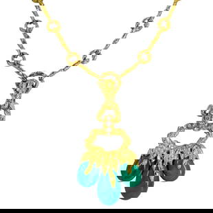 Vintage Chaumet 18k Gold, Malachite and Diamond Necklace: DESCRIPTION: Vintage Chaumet necklace comprised of a 18k yellow gold brutalist link necklace and pendant, adorned with three polished malachite teardrop beads, and further inset with (4) round cut