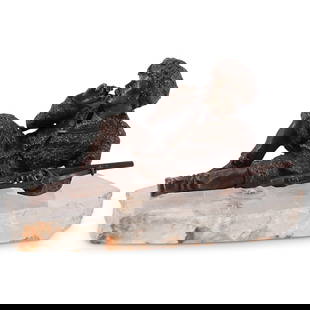 Antique Russian Bronze & Rock Crystal Smoking Cossack: DESCRIPTION: Manner of Vasily Yakovlevich Grachev Russian bronze smoking cossack figure posed reclined on a natural rock crystal slab, bronze cast with intricate textured coat, and creased boot