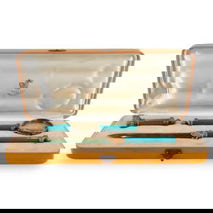 (3Pc) Russian Gilt Silver & Guilloche Enamel Desk Set: DESCRIPTION: A Three-Piece gilt silver and guilloche enamel desk, composed of a jeweled magnifying glass, seal stamp, and nephrite jade ended letter opener, displayed in fitted case with Faberge