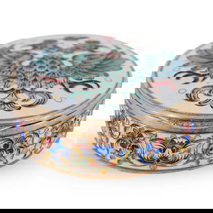 Russian Enameled & Gilt Silver Box: DESCRIPTION: Russian enameled & gilt silver box, the lid depicting an Imperial double eagle and featuring inset diamonds, the body decorated with floral and foliage motifs. Bears marks on underside