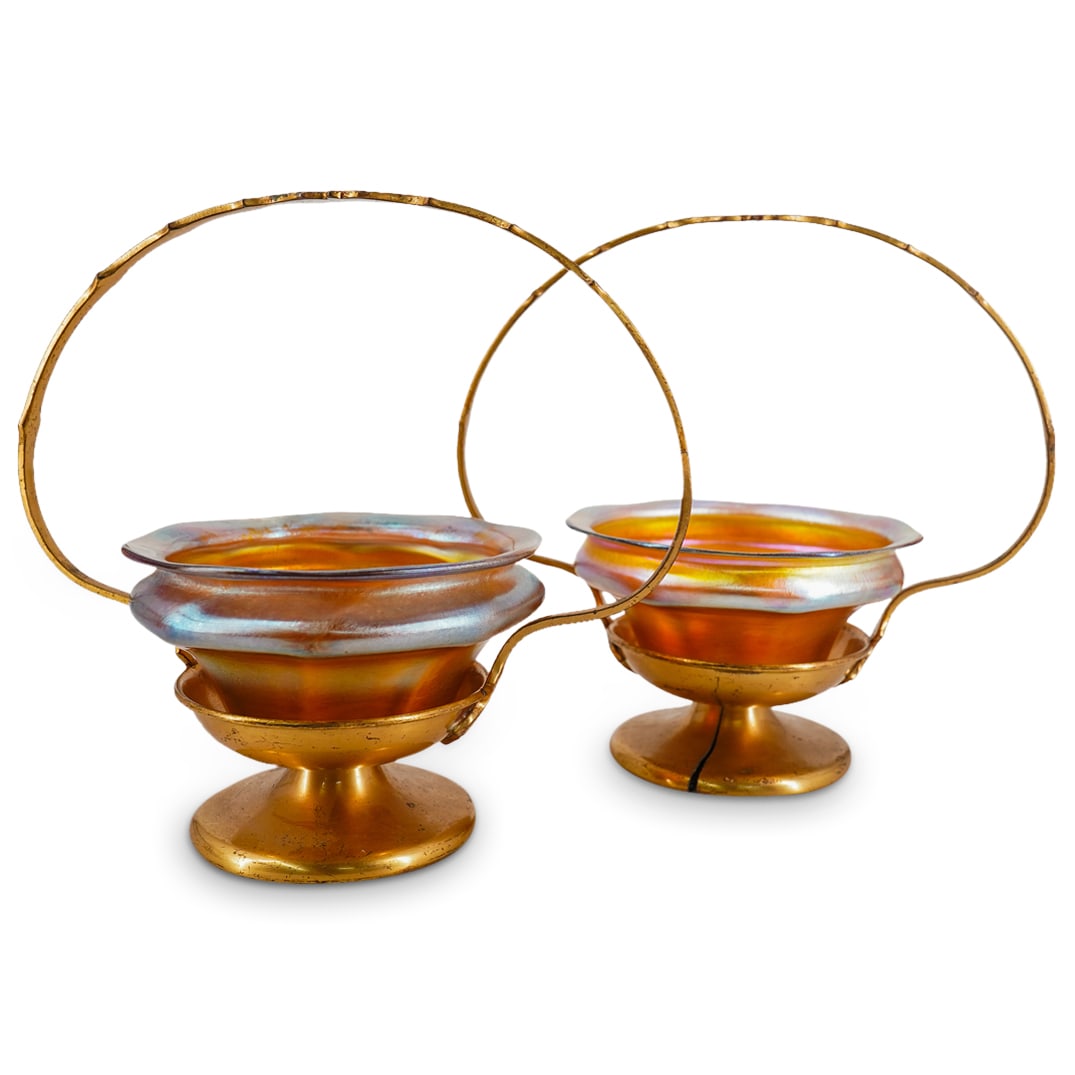 (4 Pc) Tiffany & Co. Favrile Glass Bowls & Bronze Baskets (1 of 14)