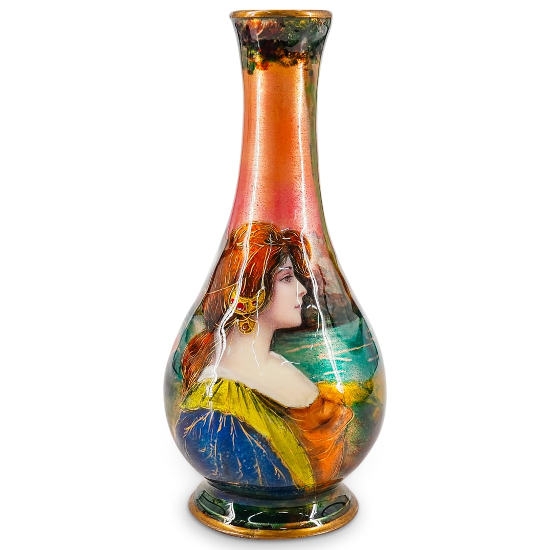 Art Nouveau Enameled Woman By Seaside Portrait Vase: DESCRIPTION: Art Nouveau gilt copper vase featuring an enameled body depicting a woman in profile against a seaside background. Signed adjacent to woman's back. CIRCA: 1890s-1910s ORIGIN: France DIMEN