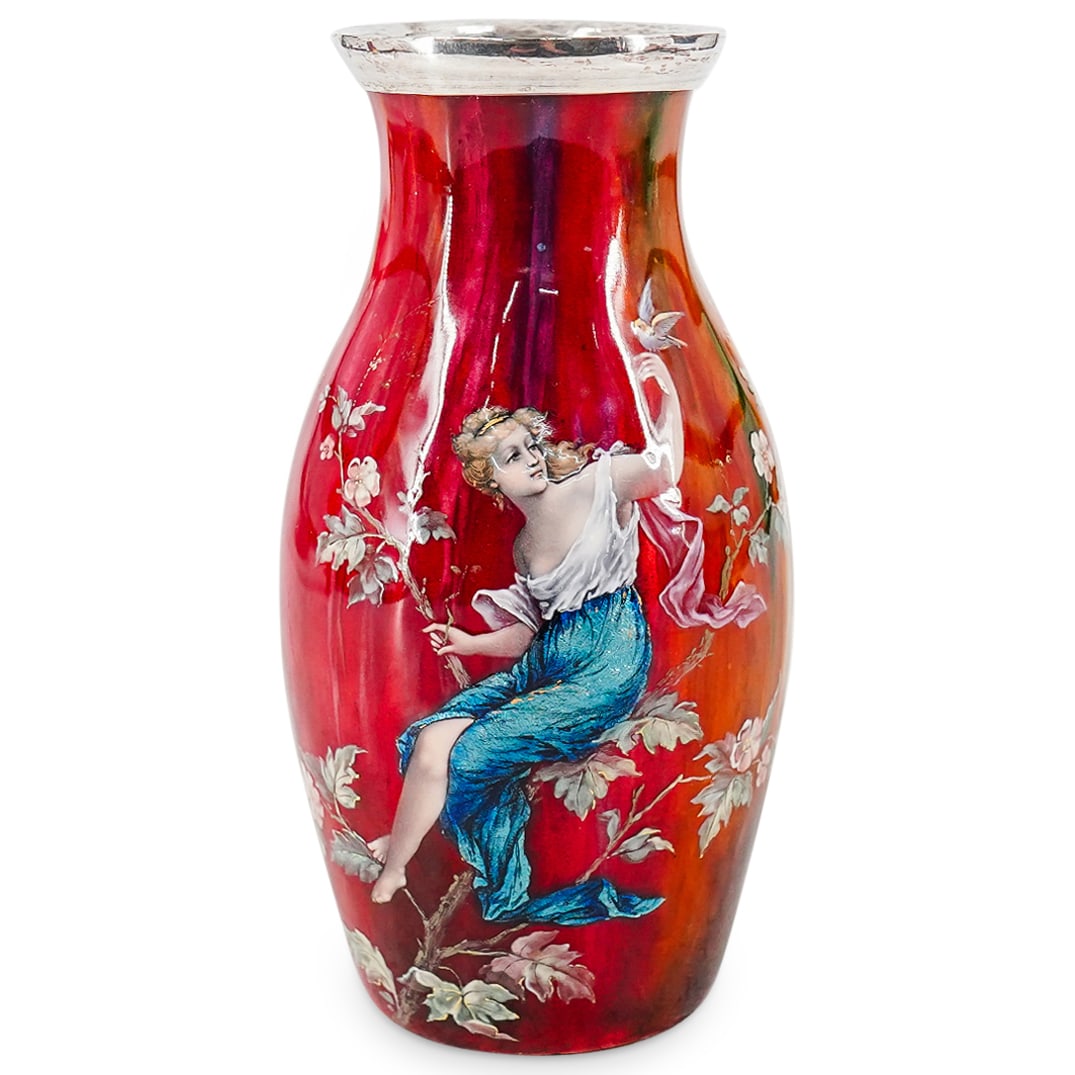 Art Nouveau Limoge Enameled Silver Lady With Bird Vase (1 of 11)