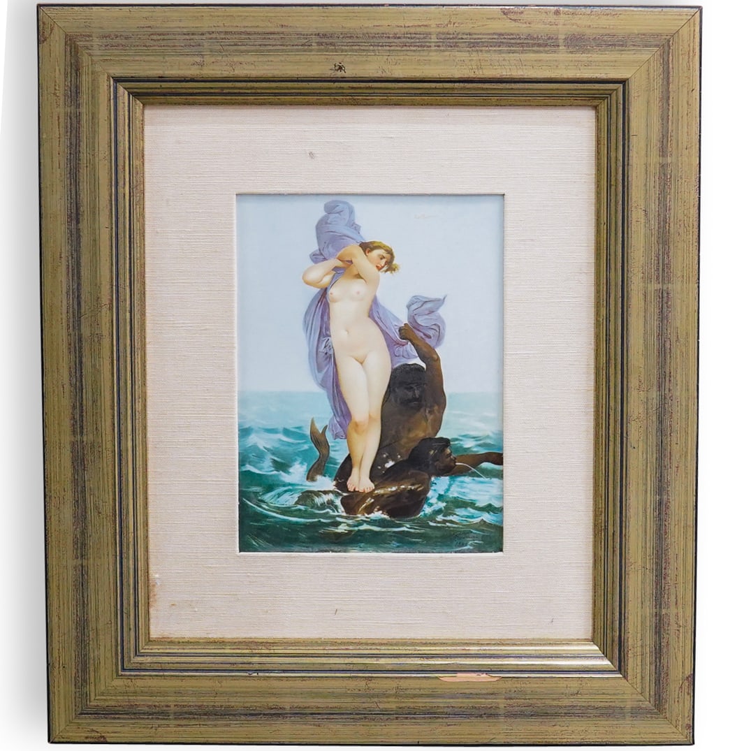 19th Century Limoges Porcelain Neoclassical Oceanid Plaque: DESCRIPTION: Antique Limoges porcelain neoclassical plaque depicting an ocean nymph standing atop two mermen on the open sea. Mounted in a fabric-lined, wooden frame. CIRCA: 19th Century ORIGIN: Franc