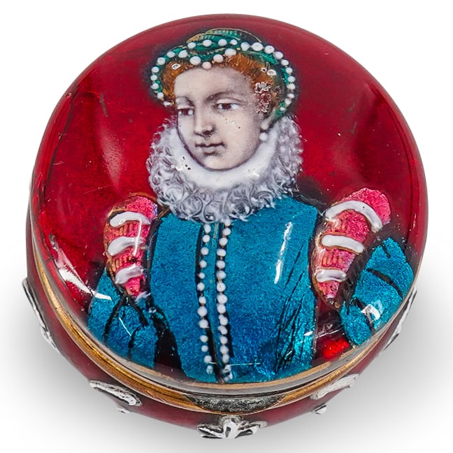 19th Century Limoges Enamel Portrait Pill Box: DESCRIPTION: Antique Limoges gilt brass pill box featuring a red enameled exterior sporting raised, white foliage on the base and a subtly textured portrait of a noblewoman on the lid. CIRCA: 1840s-18
