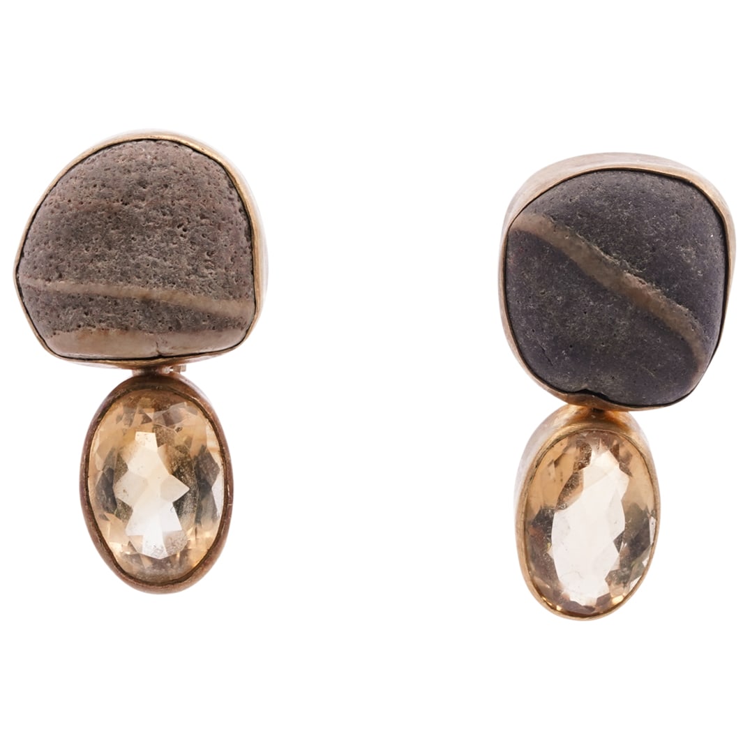 Sam Shaw 22k Gold and Citrine Earrings: DESCRIPTION: A pair of Sam Shaw artisanal earrings. Crafted with 22k yellow gold, beach stones and 6ct citrines. Stamped along the backing "S.A Shaw" and "22k". Total Weight: 25.2 Grams (16.2 dwt) CIR