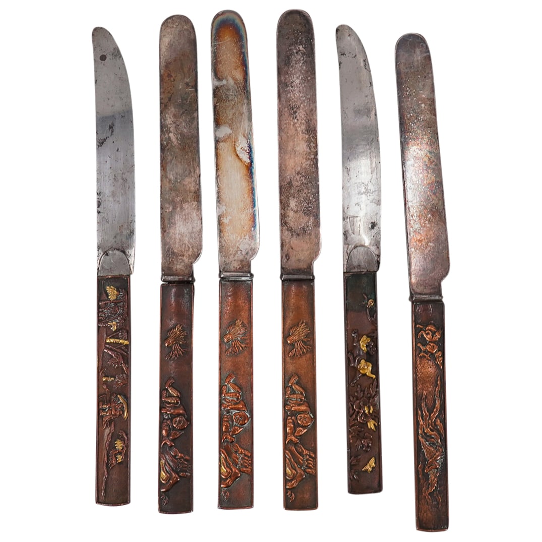 (6 Pc) Meiji Shakudo Knife Handles Fitted To English Silver Plated Blades (1 of 13)