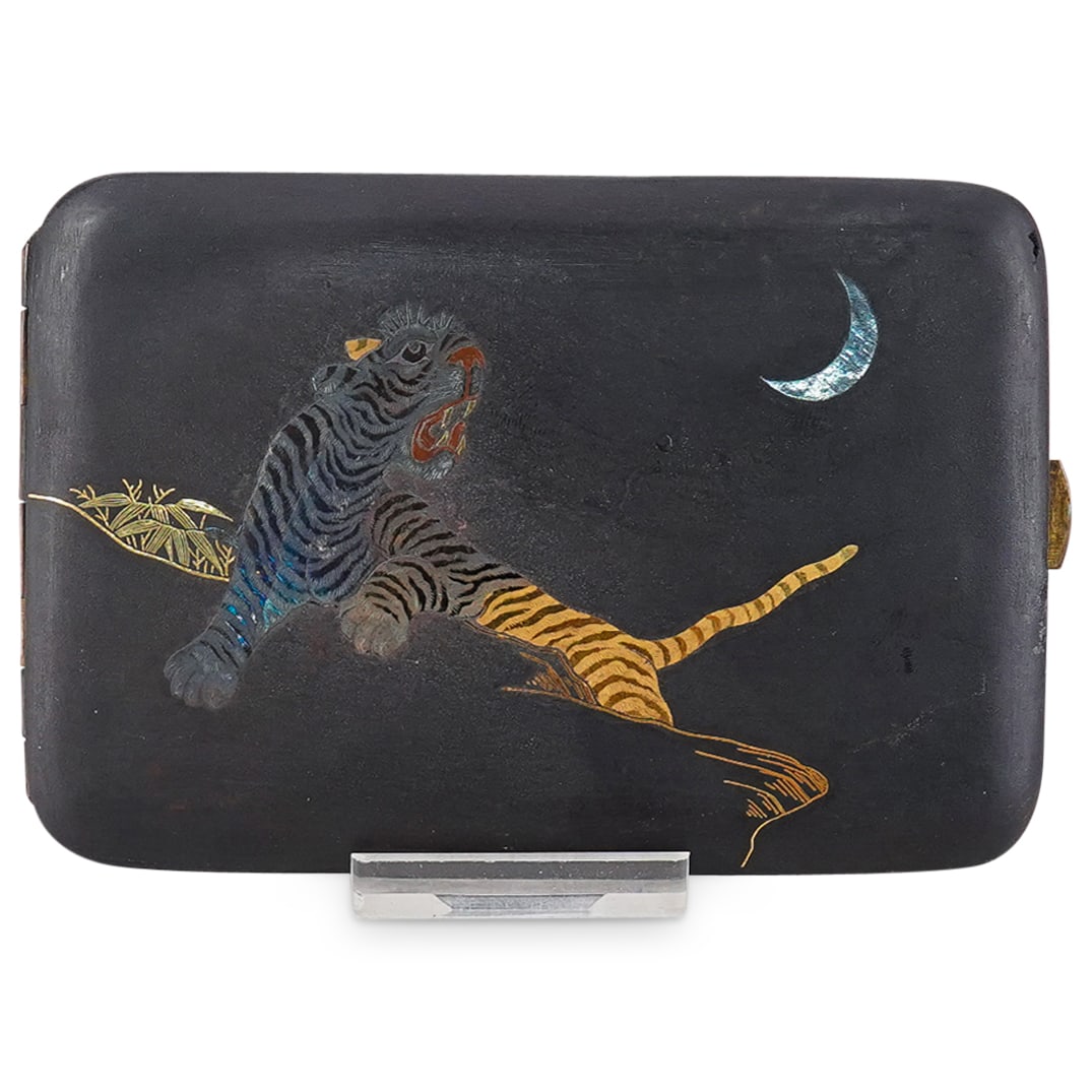 Antique Japanese Taisho Komai Gold Accented Tiger And Moon Cigarette Case (1 of 8)