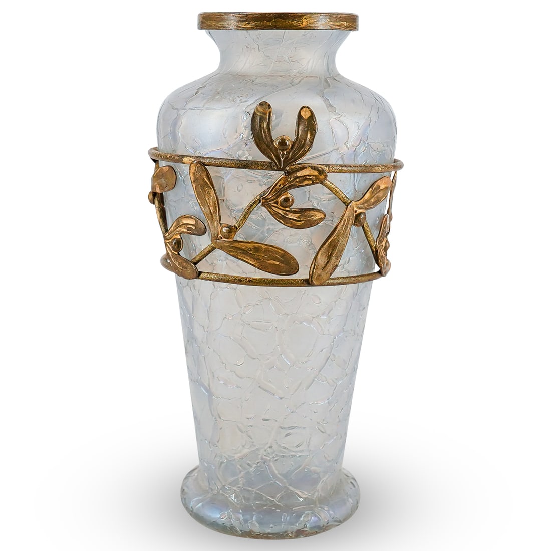 Art Nouveau Loetz Iridescent Art Glass Vase W/ Gilt Brass Accents: DESCRIPTION: Art Nouveau Bohemia Austria Loetz iridescent art glass vase with gilt brass collar mount and decorative gilt brass band, depicting foliage motifs. CIRCA: Early 20th Century ORIGIN: Austri