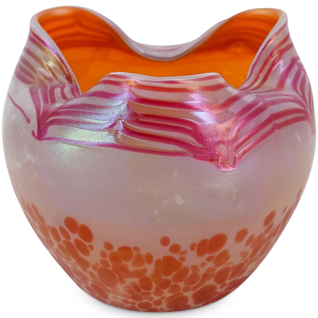 Art Nouveau Loetz Decorated Art Glass Vase: DESCRIPTION: Art Nouveau Loetz Decorated Art Glass Vase. Small art glass vase with rounded form and scalloped rim, in a translucent glass with iridescent glaze and decorations in magenta. CIRCA: Early