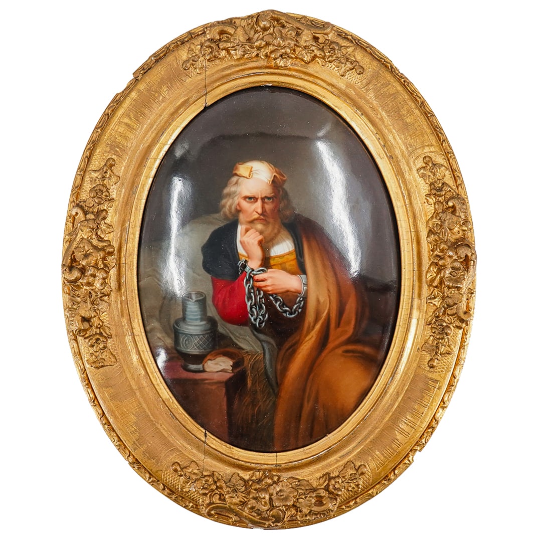 After Gustave Wappers "Columbus In Chains" KPM Porcelain Plaque: DESCRIPTION: Porcelain plaque from the Konigliche Porzellan-Manufaktur (KPM) painted after Gustave Wappers' "Columbus in Chains" depicting Columbus wearing shackles on a bed of straw next to bread and