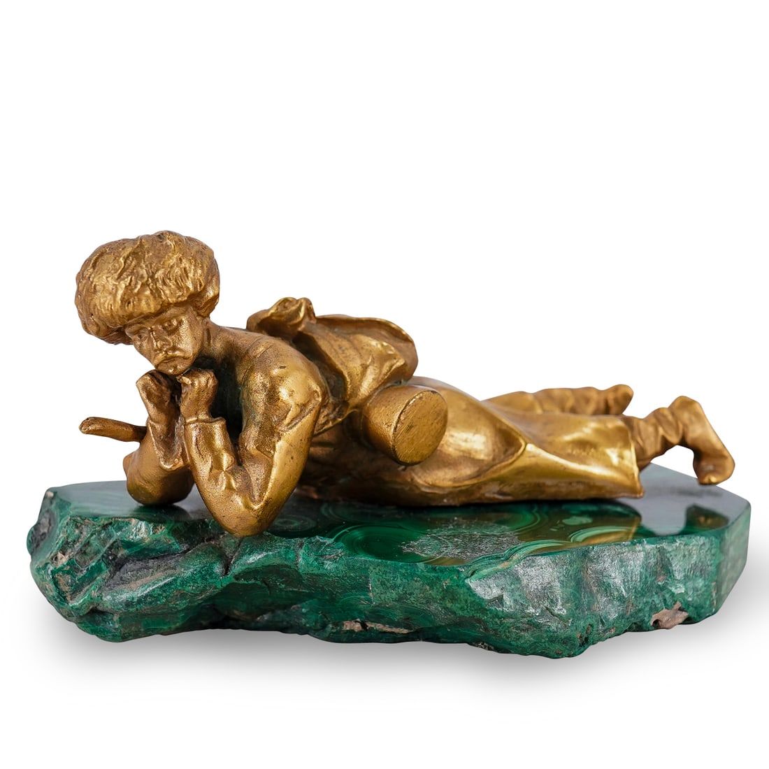 Russian Bronze & Malachite Model of Cossack: DESCRIPTION: Russian gilt bronze model of a Cossack posed in a reclined position with rifle at his side and satchel at his back, further mounted to a malachite slab. CIRCA: Early 20th Cent. ORIGIN: Ru