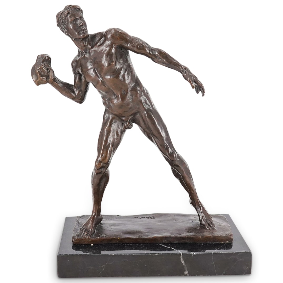 Aime Jules Dalou (French, 1838–1902) Man W/ Rock Bronze Statue: DESCRIPTION: Bronze sculpture by Aime Jules Dalou depicting a nude man preparing to hurl a stone with his right hand. Signed between man's feet . Mounted on a black marble base. CIRCA: Late 19th Centu