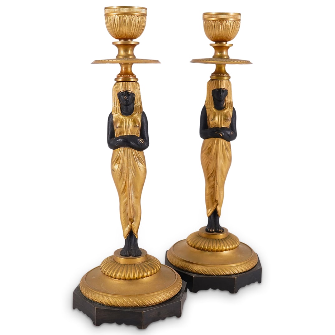 Egyptian Revival Austrian Bronze & Parcel Patinated Candlestick Holders (1 of 14)