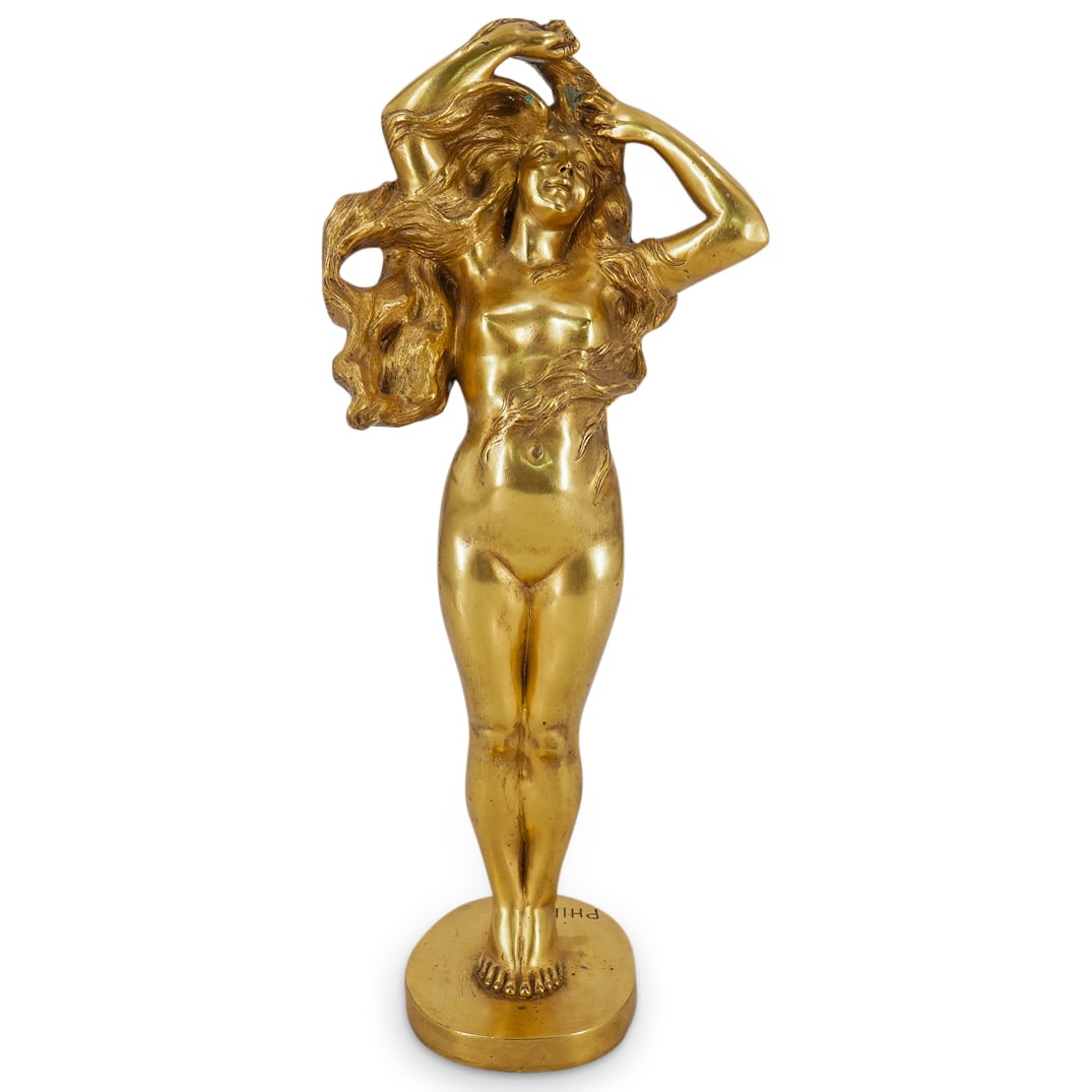 Art Nouveau Paul Philippe (Polish, 1870–1930) French Bronze Gilt Nude Woman: DESCRIPTION: Art Nouveau gilt bronze statue of a nude woman by Paul Philippe depicting a nude woman sporting flowing hair and standing on her toes. Signed "PHILIPPE" on base. CIRCA: 1890s-1910s ORIGIN