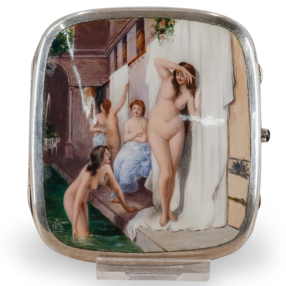 Antique German Silver Enameled Public Woman's Bath Cigarette Case (1 of 5)