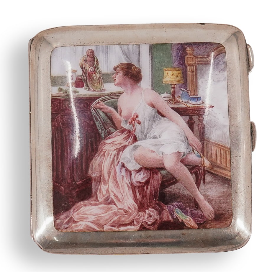 French Art Nouveau Erotic 800 Silver & Enamel Cigarette Case: DESCRIPTION: French Art Nouveau erotic silver cigarette hinged case with an enamel painted decorated lid, depicting an erotic scene after Jules Scalbert "Le Magot". CIRCA: Late 19th-Early 20th Century