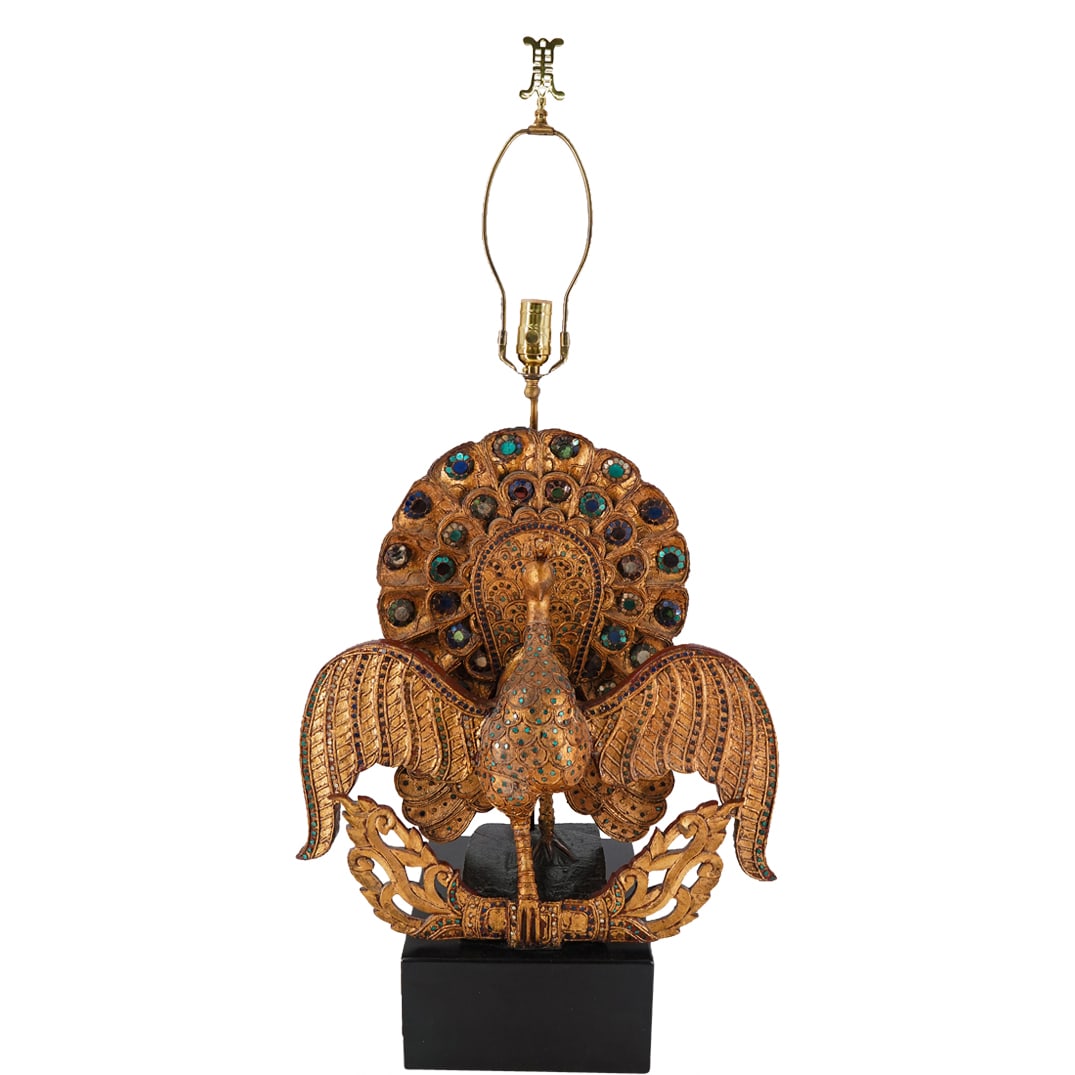 Southeast Asian Carved Wood Bejeweled Peacock Table Lamp (1 of 20)