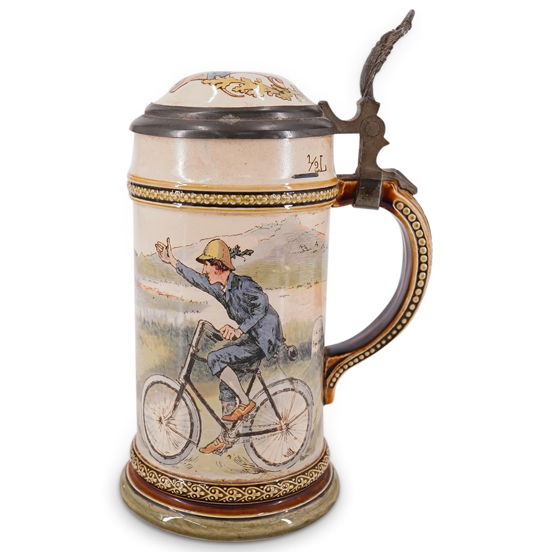 Antique German Mettlach Villeroy & Boch Bicycler Ceramic Half Liter Stein (1 of 14)
