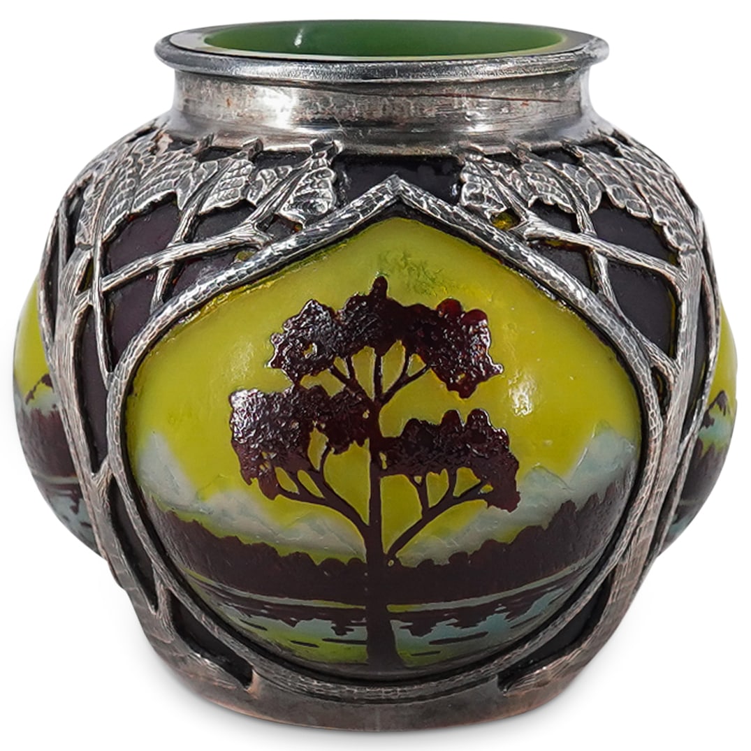 Mohrle Cameo Glass Vase: DESCRIPTION: Mohrle polychrome cameo glass vase or undrilled lamp base decorated with landscapes and featuring openwork plated mounts with tree motifs. Marked with "Mohrle" on glass and on collar. CIR