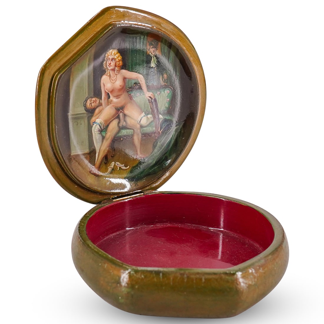 Signed Continental Erotic Lacquered Hinged Box: DESCRIPTION: Signed Continental Erotic Lacquered Hinged Box. Designed with a rounded shaped, a gilt shell decorative motif on the lid, and a polychrome hand painted erotic scene on the interior, signe