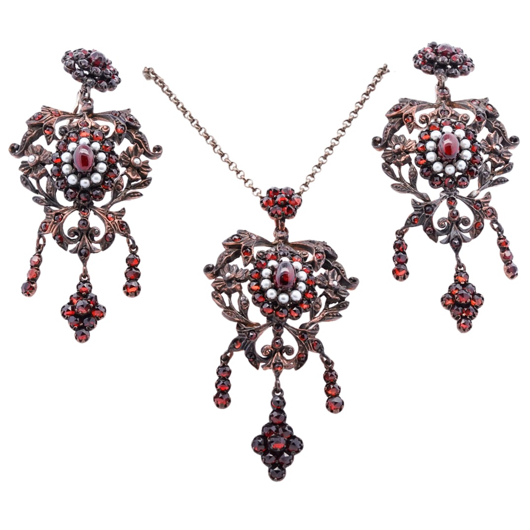 (3 Pc) Victorian Copper and Gemstone Jewelry Set (1 of 8)