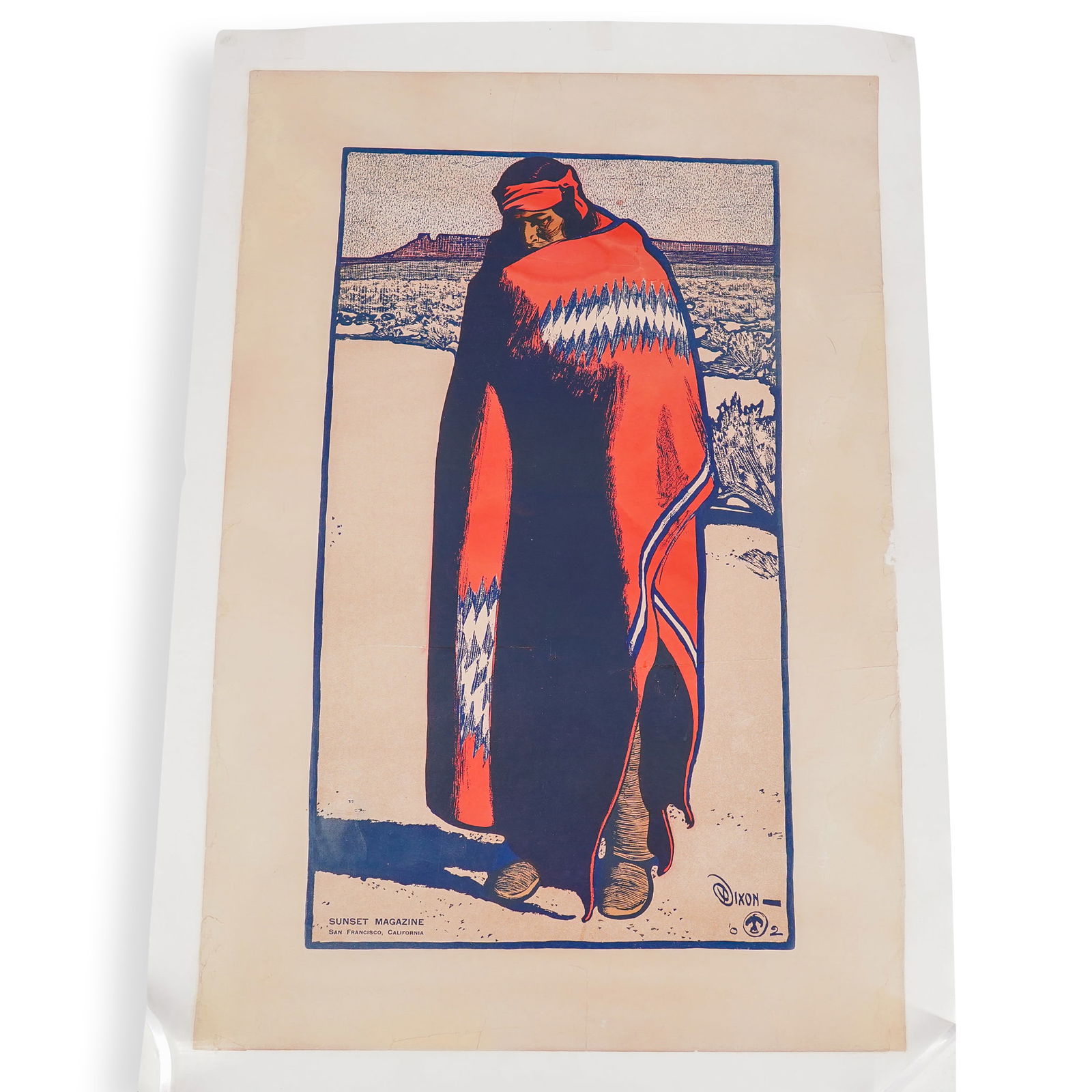Maynard Dixon (1875-1946) Sunset Magazine 'Standing Indian' Lithograph: DESCRIPTION: Maynard Dixon (1875-1946) Sunset Magazine, 'Standing Indian' lithograph signed in plate (Lower Right) archival backed by linen. CIRCA: 1902 ORIGIN: USA DIMENSIONS: (Lithograph) H: 28" x L