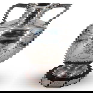 Buccellati Sterling Silver Annual Memorial Polo Cup Trophy: DESCRIPTION: A Buccellati sterling silver polo cup trophy of monumental size, with custom design exhibiting a flared rim with attached double handles, a tapered neck over rounded baluster waist