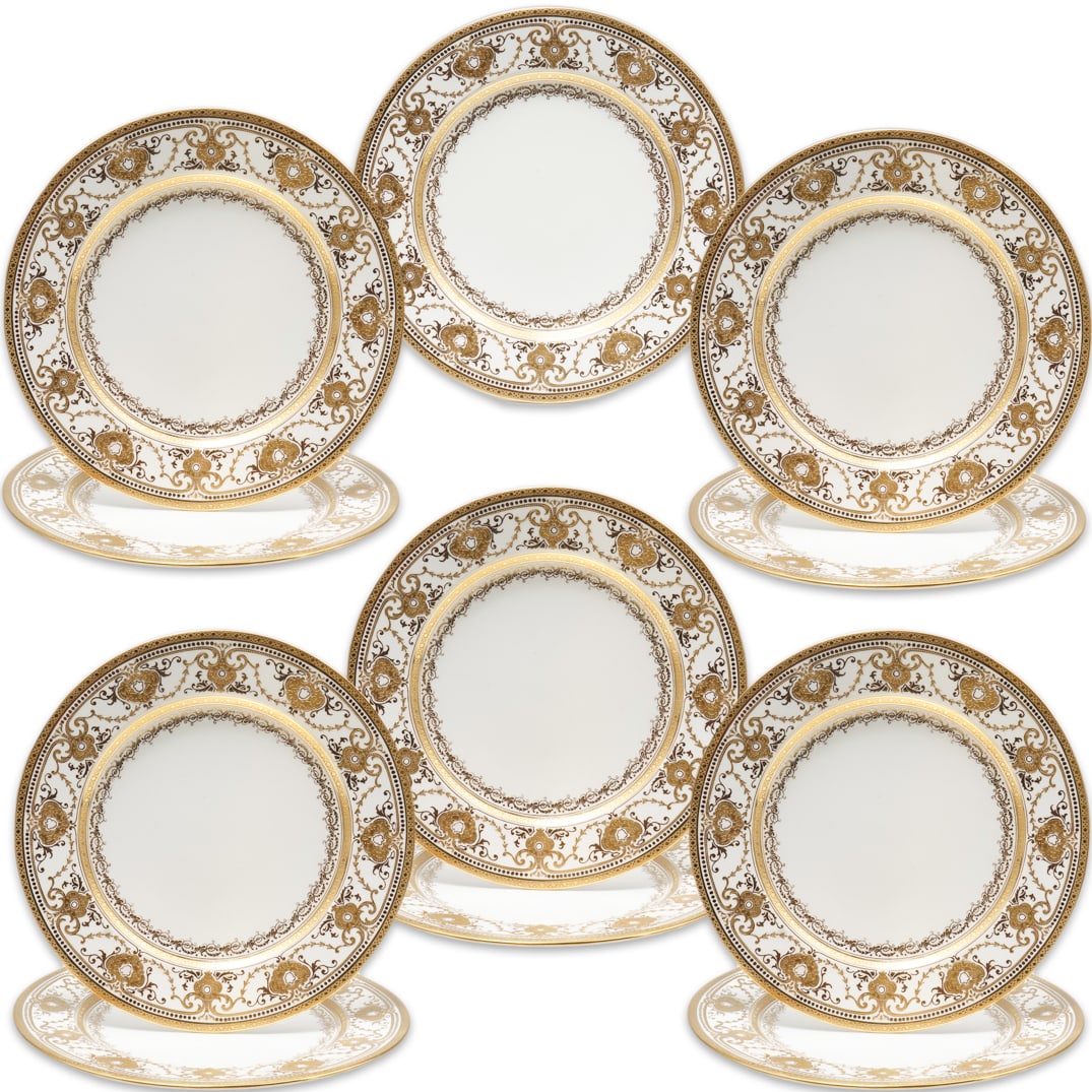 (11 Pc) Antique 1918 Coalport Porcelain Raised Gold Dinner Plates (1 of 5)