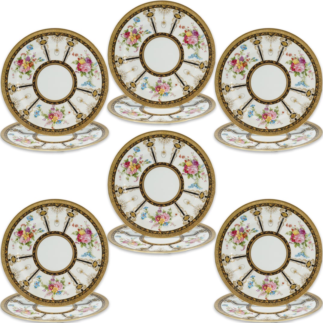 (12 Pc) Limoges CA Hand Enamel Floral W/ Raised Gold Dinner Plates (1 of 5)