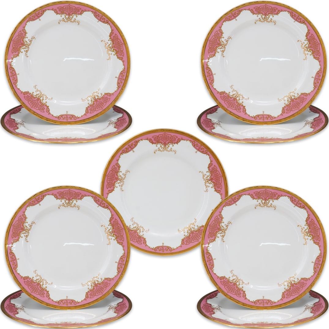 (9 Pc) Antique Royal Doulton Porcelain Plates: DESCRIPTION: Nine antique Royal Doulton porcelain dinner plates, retailed by Richard Briggs Co. each decorated with pink hues and gilt & enameled floral and foliage motifs. Each marked on underside. C