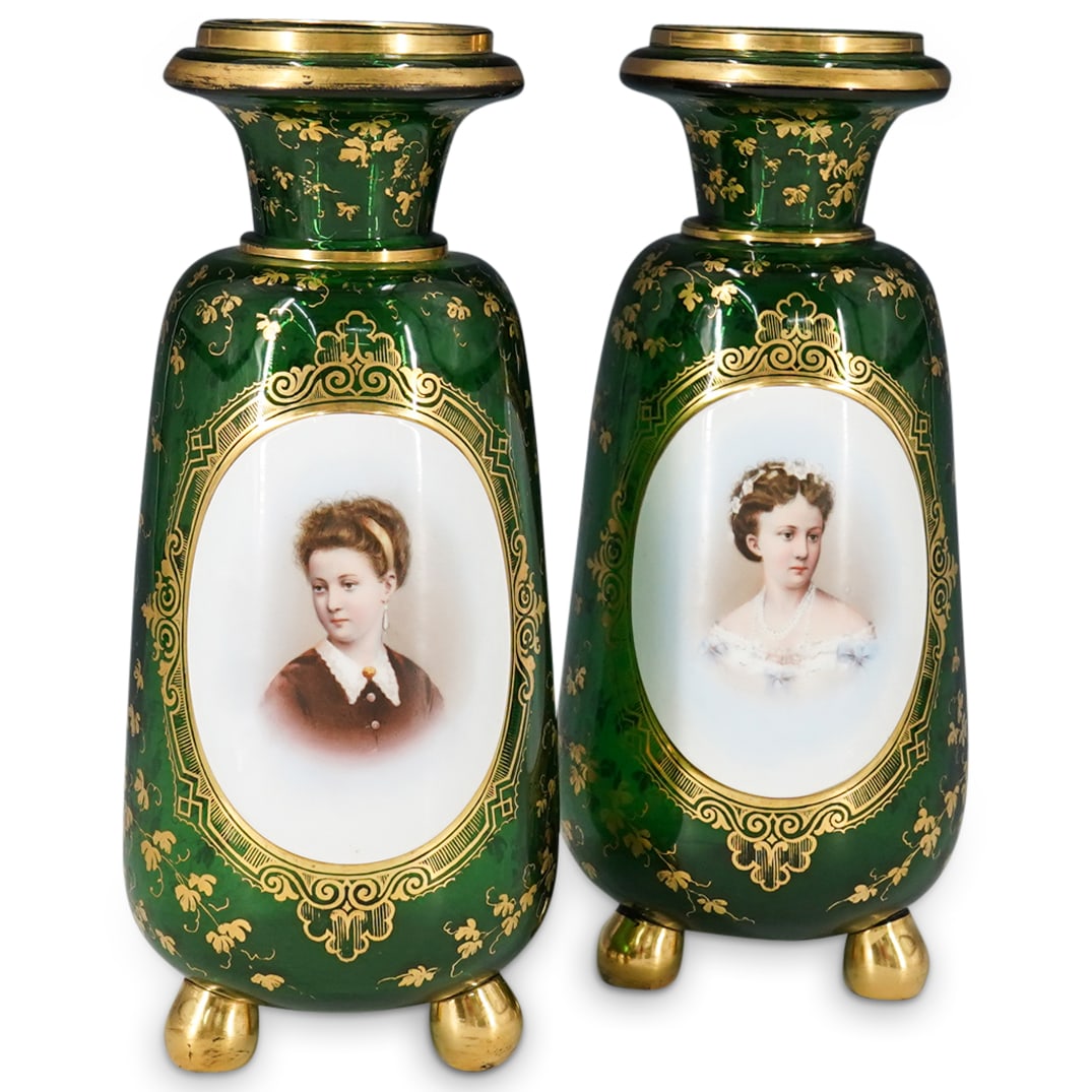 Pair Antique Bohemian Enameled Glass Portrait Vases (1 of 18)
