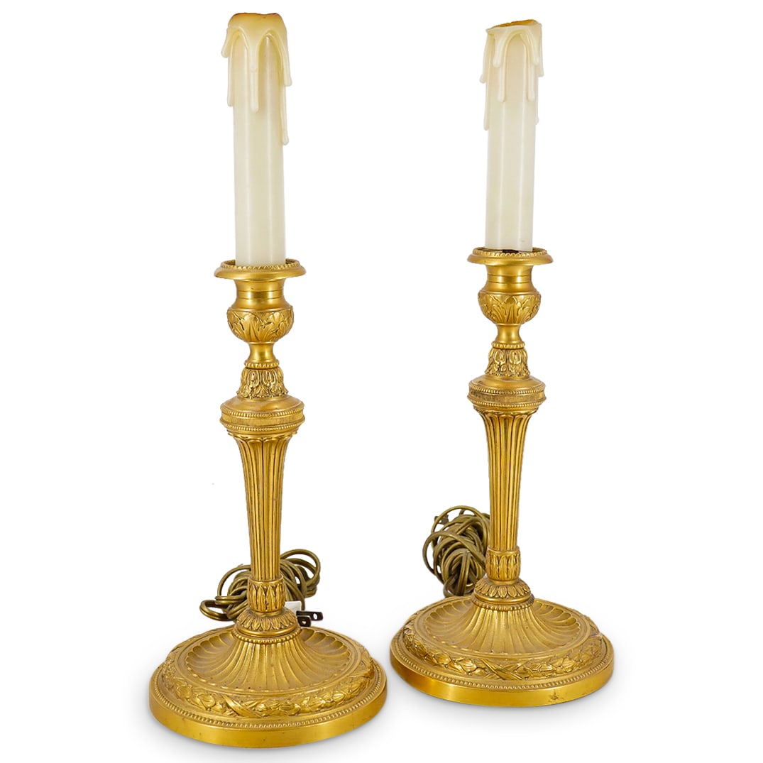 Pair Louis XVI Style Gilt Bronze Candlestick Lamps (1 of 10)