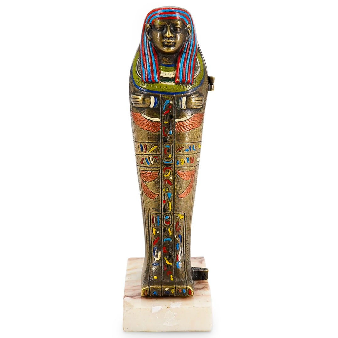 After Franz Bergman Erotic Cold Painted Bronze Mummy: DESCRIPTION: Erotic cold-painted bronze after Franz Bergman depicting an Egyptian casket containing a nude, gilt bronze woman. Mounted on a hard stone base. Provenance: From a Palm Springs, California