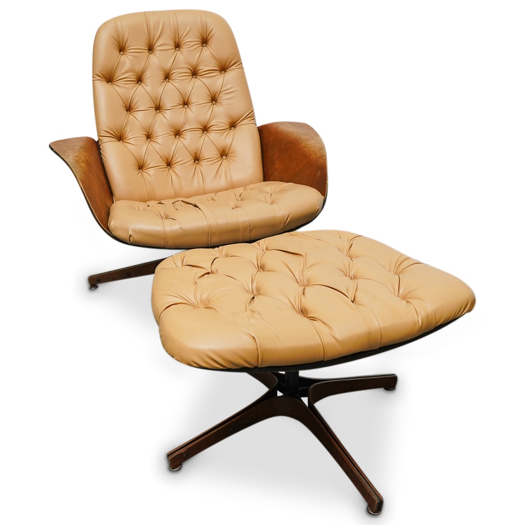 George Mulhauser (American, 1922-2002) "Mr. Chair" Ottoman and Chair: DESCRIPTION: George Mulhauser Mr. Chair lounge chair and ottoman Plycraft. leather, walnut plywood, metal frame. CIRCA: 1960s-1970s ORIGIN: USA DIMENSIONS: Chair: 36 w x 37 d x 37.5 h inches | Ottoman