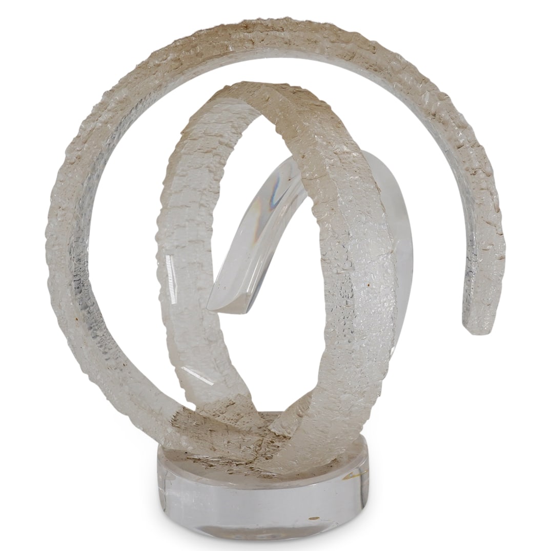 Hivo Van Teal (Cuban, B. 1950s) Lucite Abstract Textured Sculpture: DESCRIPTION: Lucite statue by Hivo Van Teal depicting an abstract, textured ring around a smooth arch and beneath a textured, larger arch, all on a lucite base. Signed on base. CIRCA: Late 20th to ear