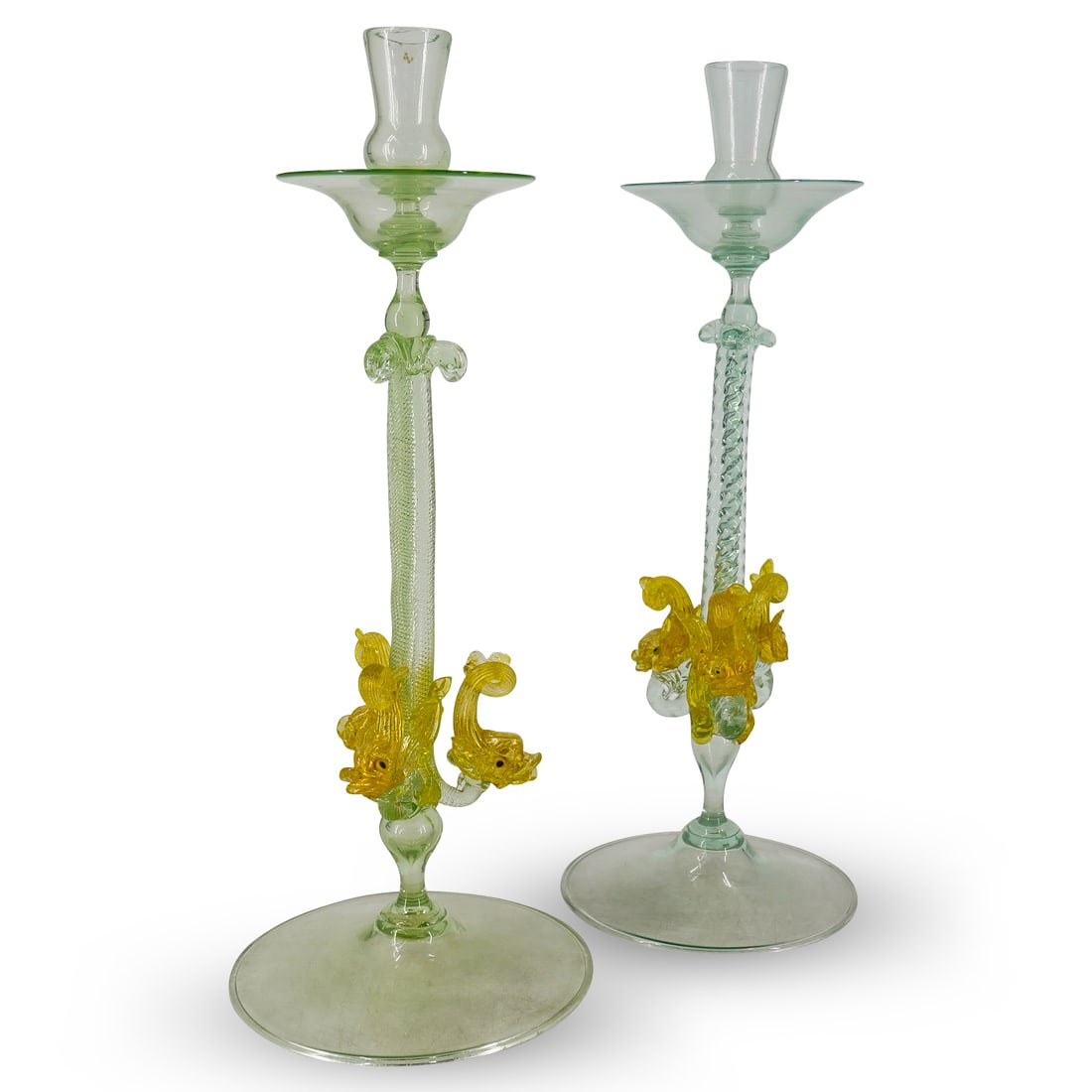 Pair Of Murano Uranium Glass Stylized Dolphin Candlesticks (1 of 10)
