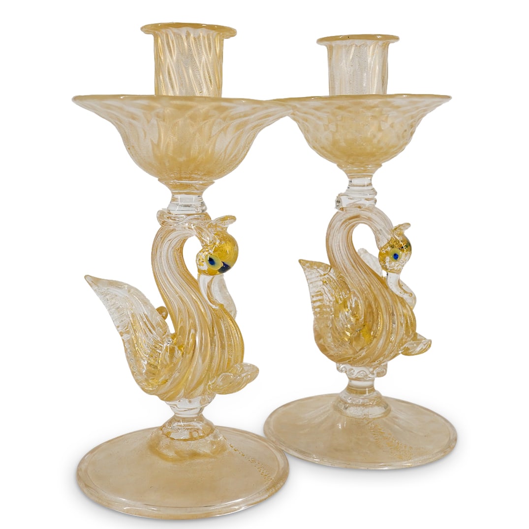 Pair Salviati Glass Swan Candlesticks (1 of 10)