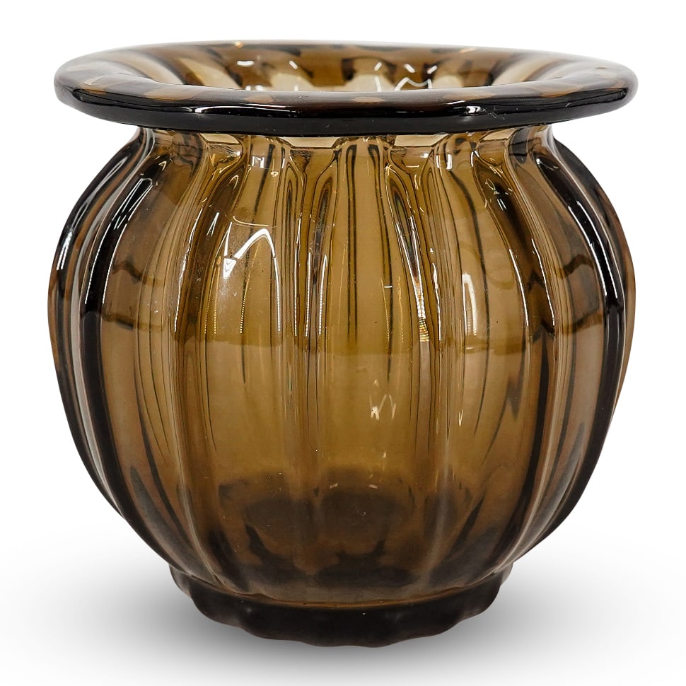 Daum Glass Ribbed Rose Bowl Vase: DESCRIPTION: Daum glass bowl vase in a smoky beige tone featuring a flared lip and a ribbed exterior. Provenance: From a Palm Springs, California Collection. CIRCA: 1890s-1930s ORIGIN: France DIMENSIO