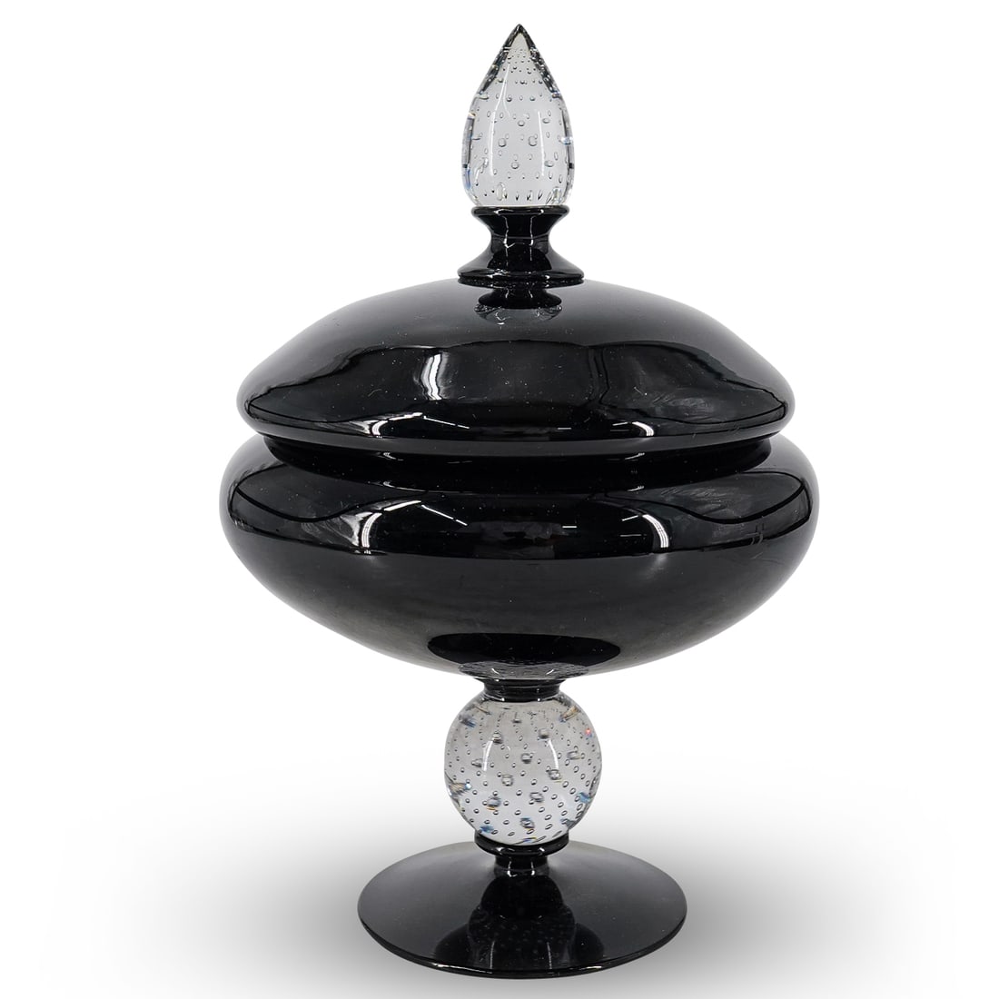 Pairpoint Glass Black And Bubble Filled Lidded Footed Bowl: DESCRIPTION: Lidded bowl by Pairpoint featuring a black body and foot connected by a clear globe filled with spiraling bubbles. Crowned with a matching black lid sporting a pointed, bubble filled fini
