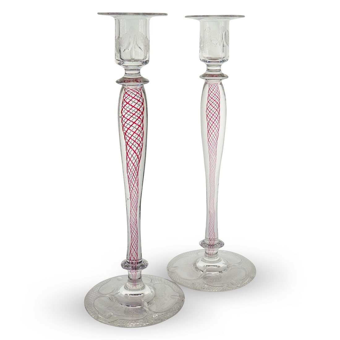 Pair Of Pairpoint Glass Red And White Spiral Candlesticks (1 of 9)